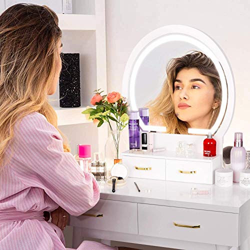 amzdeal Vanity Set with Lighted Mirror, Makeup Vanity Dressing Table with Touch Screen Dimming Mirror, 3 Color Lighting Modes 4 Drawers Dresser Desk and Cushioned Stool Set - White
