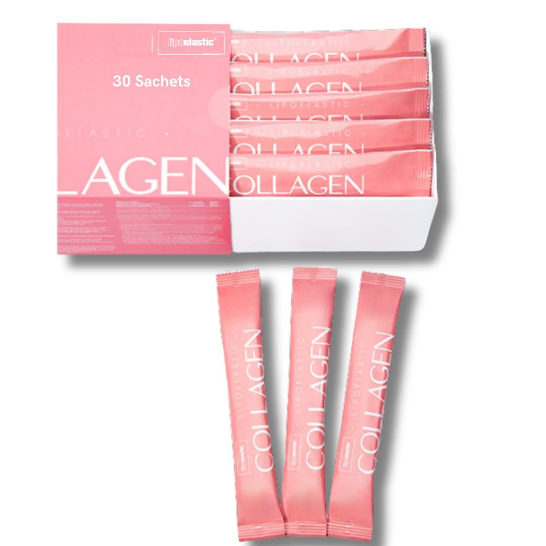 LIPOELASTIC Collagen Pulver – Nahrungsergänzungsmittel mit hydrolysiertem Fischkollagen (Typ I & III), Vitamin C, Zink, Eisen und Mineralstoffen – 30 Portionsbeutel