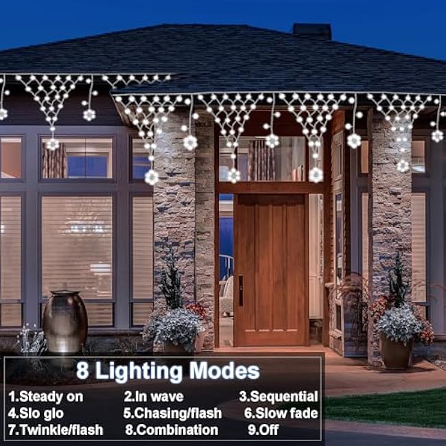 DBFAIRY Christmas Net Lights Plug in, 207 LED 13.1Ft x1.9Ft Snowflake Hanging Net Lights Outdoor Waterproof with Timer Christmas Decor for Balcony Porch Fence Window Railing (Cool White)