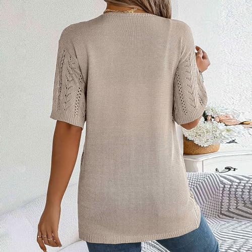 Womens Solid Color Summer Crochet Short Sleeve Knit Cardigan Lightweight Open Front Sun Womens Sweater Leopard2