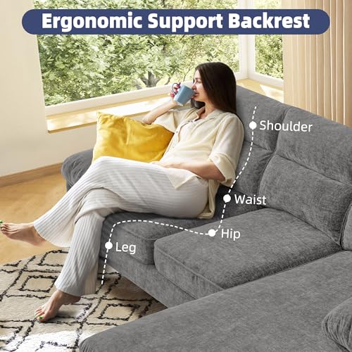 Image of Ihanherry Convertible Sectional Sofa, 85' 3 Seat L-Shaped Modern Chenille Fabric Modular Sofa, Reversible Wide Chaise & Fluffy Armrests, Grey