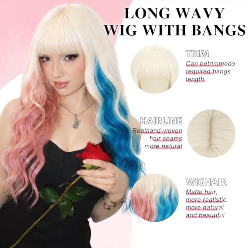 NOSTALGIA Pink Blue Blonde Wig with Bangs for Women Long Wavy Synthetic Wig - image 3