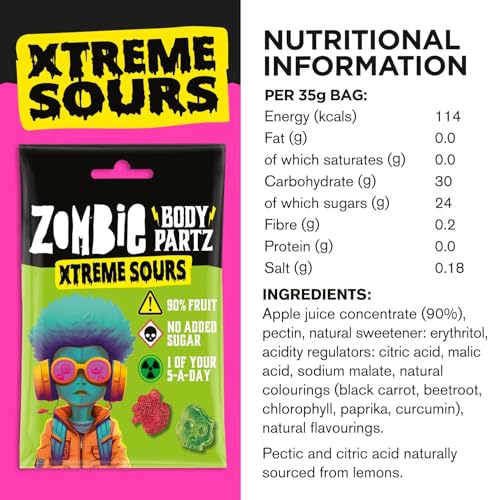 Zombie No Added Sugar Sweets, Xtreme Sour Fruit Gummies (12 Bags), 90% Fruit, Vegan, Healthy Snacks for Adults, Kids, Low Calorie, Gluten Free, Halal, Bulk, Jelly, Tub, Vegetarian, Party Bags, Gummy