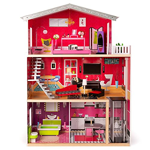 boppi Großes 3-stöckiges Puppenhaus aus Holz mit 10 Möbeln Spielzubehör und 2 Standaufzügen – Bild 5