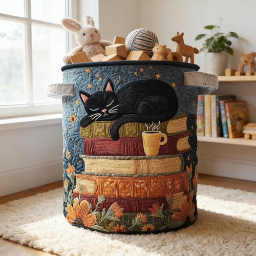 Image of Cat Quilted Laundry Basket - 18 inch /22 inch /28 inch, 2026 Large Quilted Cat Laundry Basket with Handles, Cozy Cat Fabric Storage Hamper for Nursery, Bedroom, Laundry Room, Clothes & Toys (2, S 14 inchX18 inch)