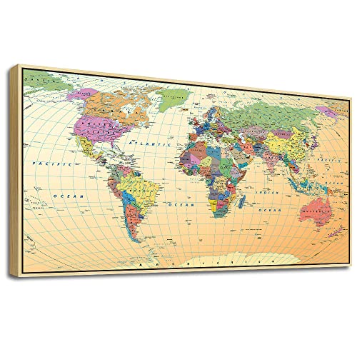 Vintage World Map Canvas Pictures Framed Wall Art For Office Large Size Wall Decor Office World Map Poster Canvas Painting Artwork Boho Home Decorations Ready To Hang Natural Wood Framed 20" X 40" #TOP26