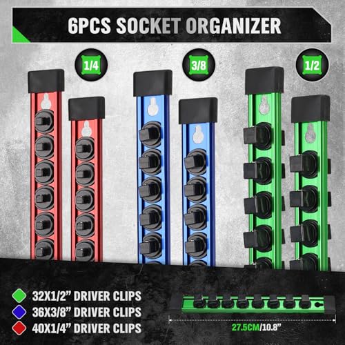 Image of 6-piece Socket Organizer Storage Set, 1 /4-Inch, 3 /8-Inch, 1 /2-Inch Double Sided Aluminum Alloy Socket Holder Rail, Drive Socket Trays Holds 108 Sockets, 360 Swivel Clip Socket Holder Kit for Tool Box