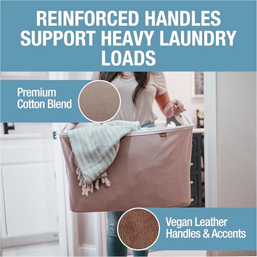 Image of CleverMade Collapsible Laundry Basket LUXE 2 Pack - 60L (16 Gal) Foldable Cotton Blend Clothes Hamper with Vegan Leather Accents, Reinforced Handles, Space Saving Laundry Bin Holds 55 lbs - Mocha