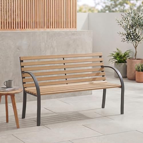 Garden Vida Slatted Garden Bench Wooden Seater Outdoor Furniture Seating Wood Slats Steel Legs Park Patio Seat