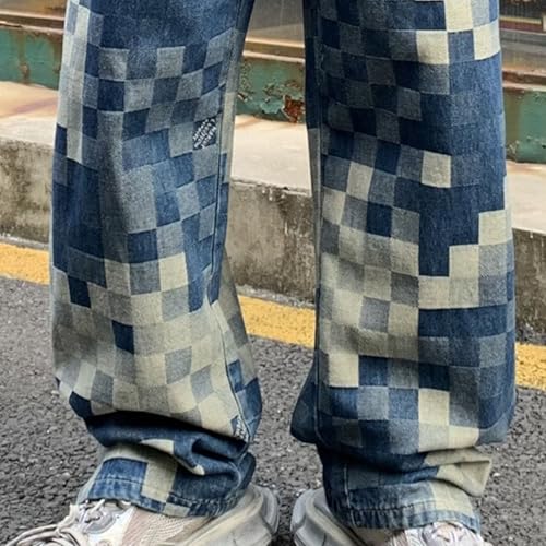 Mens Straight Leg Jeans Loose Fit Jeans for Men Slim Fit Jean for Men Mens Check Mosaic Jacquard Weave Pants3