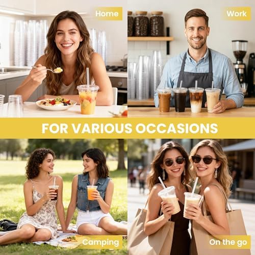 100 Pack 16 oz Plastic Cups with Lids and Straws, Clear Disposable Plastic Cups, Heavy Duty Iced Coffee Cups with Leak-Resistant Lids, Cold Drink Cups for Smoothies, Juice, Soda & Party To Go — view 8