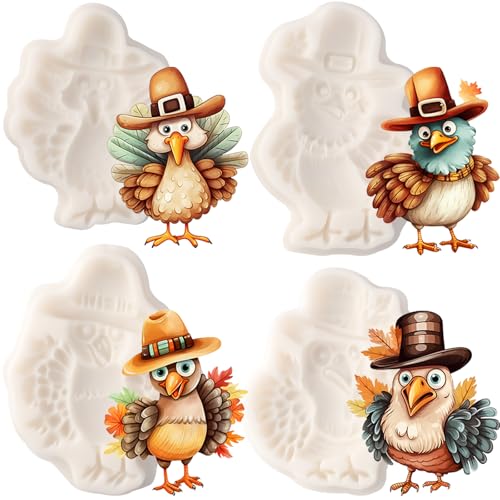 ICNYEKl 4 Pcs Cute Hat-Wearing Turkey Silicone Molds Thanksgiving Turkey Cake Decoration Fondant Molds for Farm-Themed Events Making Candy Chocolate Polymer Clay Resin Sugar Crafts Handmade Jewelry
