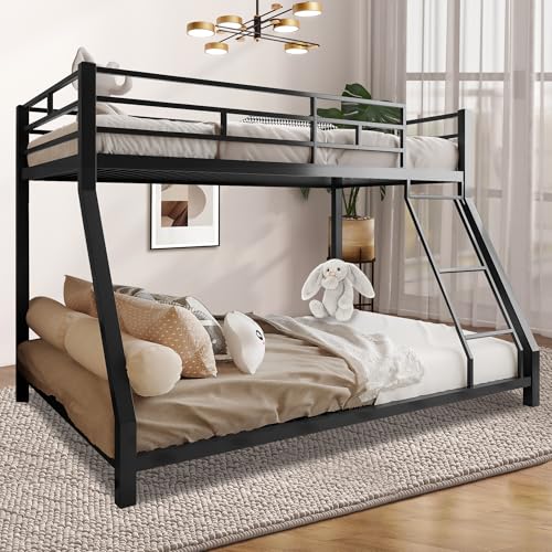 Cyranture Bunk Bed Twin Over Full Size, Twin Over Full Bunk Beds with Ladder & Guardrail Heavy Duty Bunk Beds Frame for Teens Adults Dorm Bedroom Guest Room, No Box Spring Needed（Black）