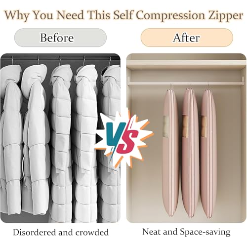 Space Saving Hanging Garment Bag with Self Compression Zipper, Space Saver Closet Organizers,Dust Cover Clothes Bags for Down Coat (Large)3
