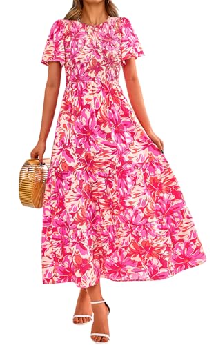 Image of PRETTYGARDEN Women's 2026 Summer Casual Flutter Short Sleeve Boho Floral Maxi Dress Crew Neck Smocked Tiered Long Dresses