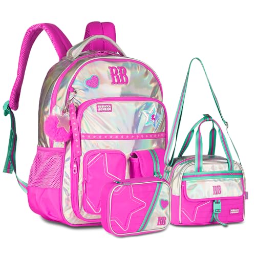 Kit Mochila Rebecca Bonbon Holográfica Escolar Juvenil RB Metalizado Grande Costas Estojo Box 100 Lápis Com Lancheira Revestimento Interno Térmico (RB27020 Rosa)