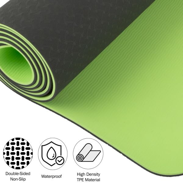Yoga Mat with Alignment Marks - Lightweight Exercise Mat with Carry Strap for Home Workout or Travel by Wakeman Outdoors (Gray and Green)