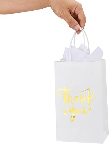 Miniatura 8 de DjinnGlory Paquete de 50 bolsas pequeñas de regalo de agradecimiento de papel de aluminio blanco y dorado con asas y 50 papel de seda blanco para