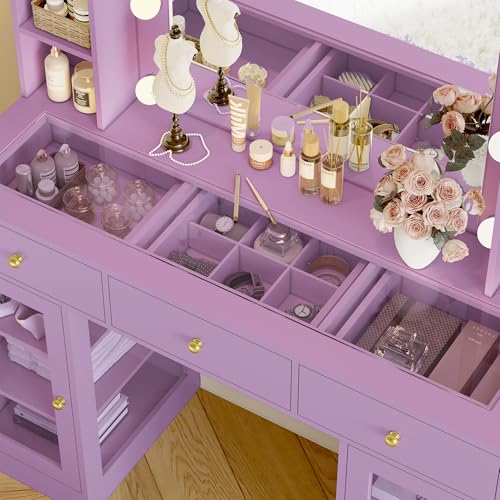 Image of Wodeer Makeup Vanity Desk with Mirror and Lights, Purple Vanity with Glass Top, LED Lights & Power Outlet, 3 Drawers & 2 RGB Glass Cabinets, Adjustable Lighted Dressing Table for Women & Girls Bedroom