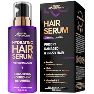 Anti-Frizz Hair Serum – For Frizzy Dry & Damaged Hair – Weightless Smooth Hair Treatment w/ Keratin, Biotin, Castor & Rosemary Oils, Vitamins B & E – Heat Protection – Paraben & Sulfate Free, 5 Oz