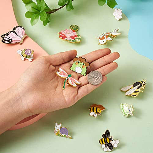 Image of Cheriswelry 12Pcs Bee Butterfly Frog Enamel Alloy Pins Dragonfly Cyprinoid Tortoise Snail Shape Brooch Pins Lotus Lapel Pins 19.5-45.5mm for Clothes Jacket Bags Backpack Hats Decor