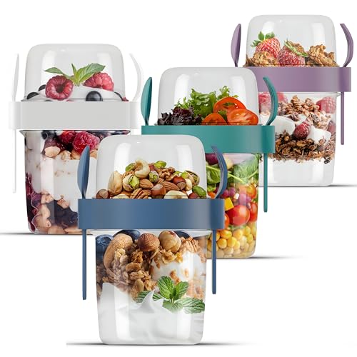 QUASLEQ 4-Pack Yogurt Parfait Cups – with Lids and Spoons – Reusable Yogurt Containers for On-the-Go – Portable Yogurt Cups with Topping Storage – Ideal for Oatmeal and Breakfast Prep (22 oz-650 Ml)