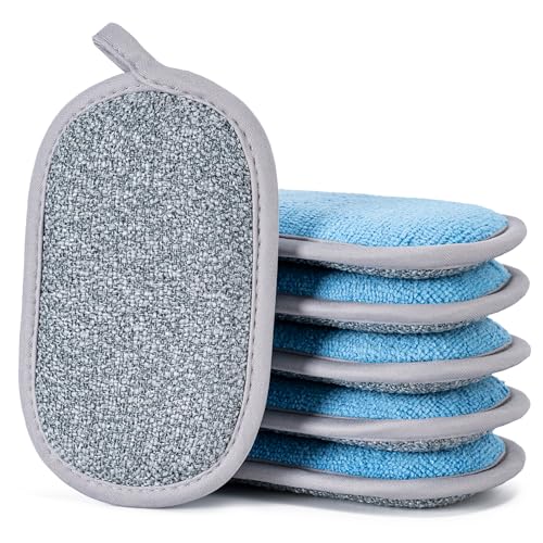 Dual-Sided Multi-Purpose Scrub Sponges, Non-Scratch Dishwashing Sponges for Kitchen, Reusable Microfiber Sponge for Efficiently Cleaning Dishes, High Density Sponge Inside (6 Pack, Medium)