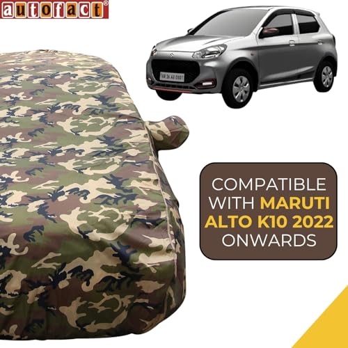 Image of Autofact 100% Waterproof Car Body Cover Compatible with Maruti Alto K10 (2022 to 2023), with Mirror Pockets, 4 x 4 American Matty, Long Lasting Strong Durable Material, Camouflage Army Look