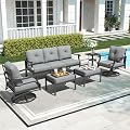 Mvpipi 6 Piece Aluminum Patio Conversation Set, Outdoor Metal Furniture Set w/Rocking Swivel Chairs, 3-Seat Sofa, Ottomans and Coffee Table, 5" Thickened Cushions for Backyard, Poolside, Gray