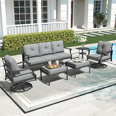 Mvpipi 6 Piece Aluminum Patio Conversation Set, Outdoor Metal Furniture Set w/Rocking Swivel Chairs, 3-Seat Sofa, Ottomans and Coffee Table, 5" Thickened Cushions for Backyard, Poolside, Gray