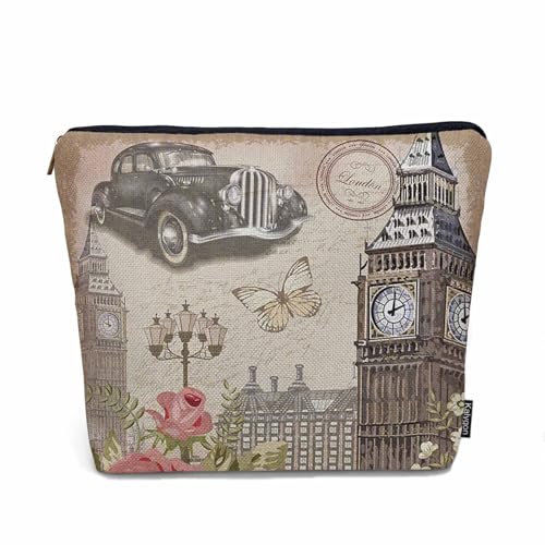 Kalygon London Cosmetic Bags For Women, Vintage London Retro Car Big Ben Rose Roomy Makeup Bag Toiletry Bag Accessories Organizer Storage Bags Makeup Pouch For Travel Business Gym Camping Bathroom