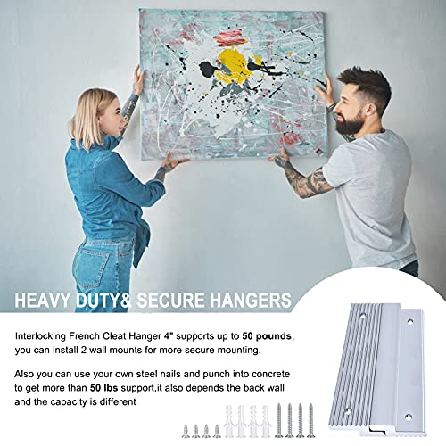 Image of 4 inch French Cleat Picture Hanger, Aluminum Mirror Hanging Kit with Hardware, Ideal for Artwork, Whiteboard, Cabinet, Holds 50 lbs. per Pair, 2 Pairs