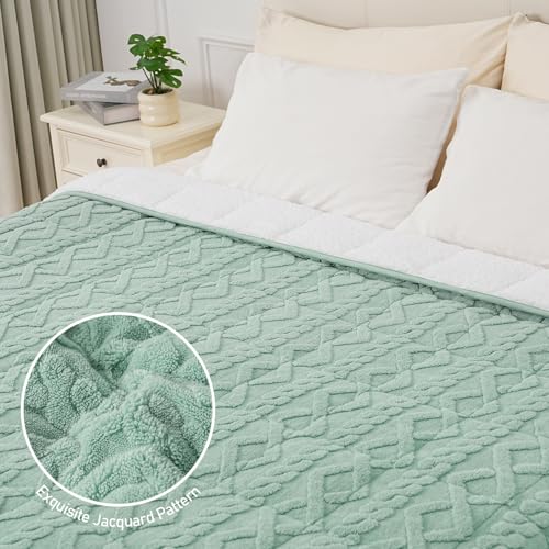 Image of Wemore Weighted Blanket for Adults Twin Size 20 lbs, Dual Sided Soft Fuzzy Jacquard Sherpa Weighted Blankets, Cozy Fluffy Knitted Heavy Blanket, Sage Green and White, 60 x 80 inches