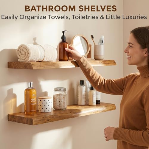 Image of Dreamland Rustic Elm Woood Floating Shelves for Wall Decor, Live Edge 30 inch W x 8 inch D Floating Shelves Set of 2, Wall Mounted Deep Wooden Shelf for Living Room, Bedroom, Kitchen, Bathroom, Natural