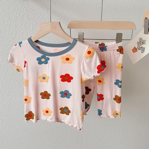 Kids Girls Stretch Cotton 𝐏a𝐣ama Set Floral Print 𝐏ajamas Short Sleeve Blouse and Pants Ruffle Trim Loung𝐞wear3