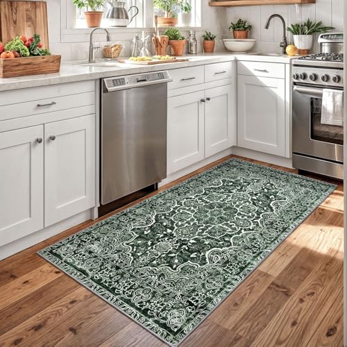 KUTA 3x5 Vintage Area Rug, Floral Kitchen Rugs Dark Green Washable Non-Slip, Ultra Soft Printed Distressed Medallion Entry Carpet Low-Pile Throw for Bedroom Living Room