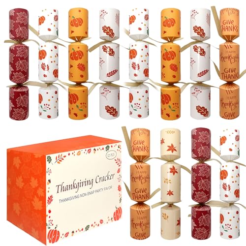 12-Pack Thanksgiving Party Crackers Festive Leaf Design Holiday Favors for Kids & Adults No-Snap Table Decorations with Joke Dice & Small Gifts Traditional Thanksgiving Dinner Table Activity