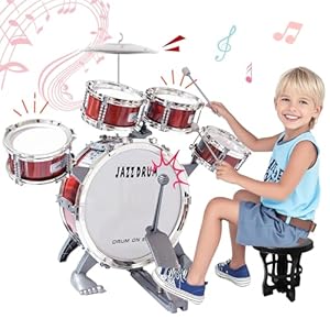 Set de Batería de Juguete para Niños Jazz Kit de Batería Juguetes Musicales para Niños de 3 4 5 Años Set de Batería con Taburete 5 Tambores Percusión Instrumentos Musicales Juguetes para Niños Niñas