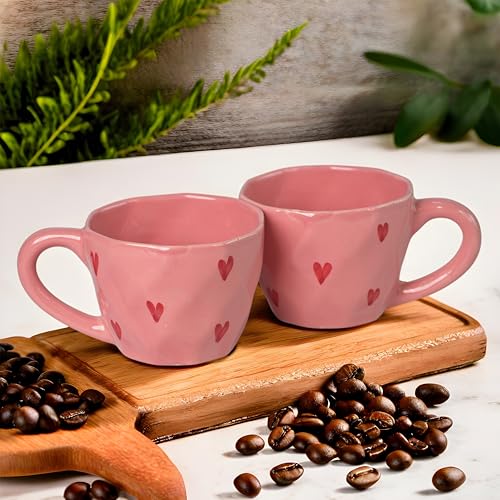 Image of Ceramic Coffee Mug with Red Hearts Pattern, White (Large, 2, Count)
