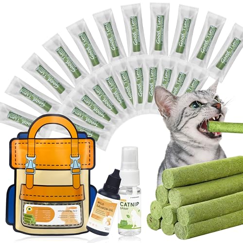 Cat Grass Sticks(125g/4.41oz) | Cat Dental Sticks for for Hairball Remedy and 60% Plaque Reduction | Natural Cat Grass Teeth Cleaning Chews for Indoor Cats | with Free Salmon Oil & Catnip Spray