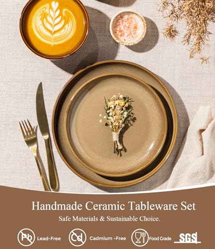 Image of LERATIO Ceramic Dinnerware Sets for 4, 12 Pieces Ceramic Plates and Bowls Sets, Scratch Resistant Dish Set, Oven, Microwave & Dishwasher Safe- Chestnut
