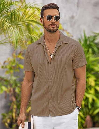 Image of CB-COLEBROOK Casual Shirt for Men|| Shirt for Men|| Men Stylish Shirt|| Men Vertical line Shirt|| Button Down Shirts Short Sleeve Fashion Textured Beach Summer Shirt Top