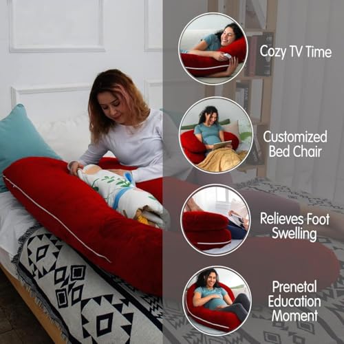 Image of C-Shaped Sleeping Pregnancy Pillow| Removable Velvet Covers| PregnoCare Fibres| Baby Shower Gift, Maternity, Nursing| Full Body Soft-Support Bump, Head, Back, Shoulder, Hips, Legs and Belly (Red)