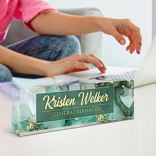 Image of Name Plate for Desk, Desk Name Plate Personalized, Green Office Decor for Women Men, Acrylic Desktop Accessories, Office Gifts for Boss Nurse Teacher Coworker, Employee Appreciation Gift (Green Coast)
