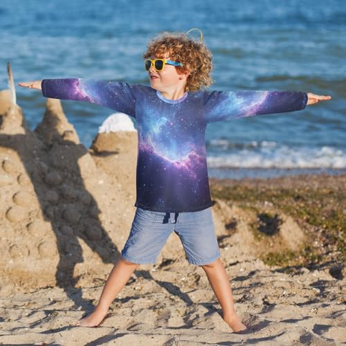 Image of Pfrewn Kids Galaxy Stars Abstract Space Long Sleeve Rash Guard Shirt Blue Purple Swim Shirt for Boys Girls UPF 50+ 3-12T