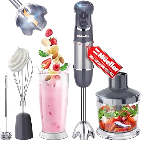 Mueller Multistick 800W 4-in-1 Immersion Blender Handheld, 12 Speed Hand Mixer - Turbo Boost, Heaviest Duty Copper Motor, Titanium Blades Hand Blender, Milk Frother Wand, Whisk, Beaker, Chopper Cover