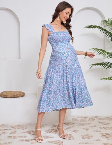 Image of KOJOOIN Womens Maternity Dress Summer Sleeveless Smocked Square Neck Ruffle Casual Boho Midi Dress Baby Shower Photoshoot