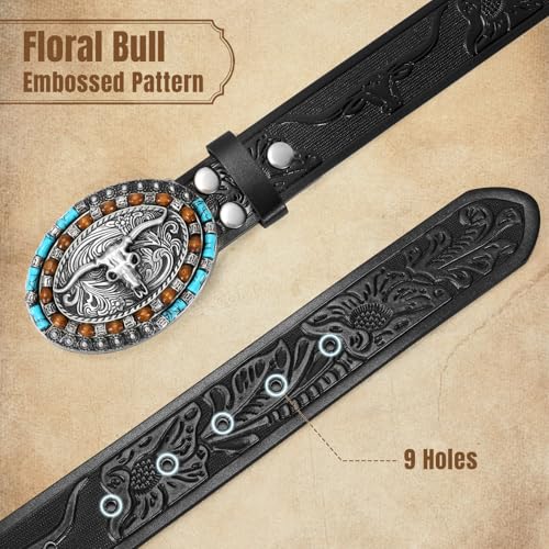 Western Genuine Leather Belt Cowboy Belt with Turquoise Oval Buckle for Men Women Jeans2
