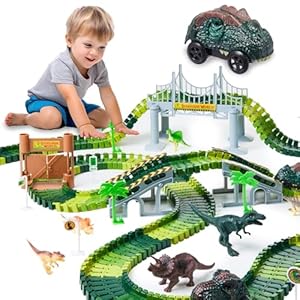 Gleamkid 288 PCS Dinosaurios Juguetes de Carreras, con 2 Coches y 8 Juguetes de Dinosaurios, Juego de Juguetes de Dinosaurios de 3+ años, niños y niñas, Regalo Educativo para niños