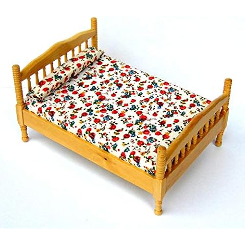 Tumdee Miniatures Dolls House Pine Finish Double Bed With Mattress 1487 Cover